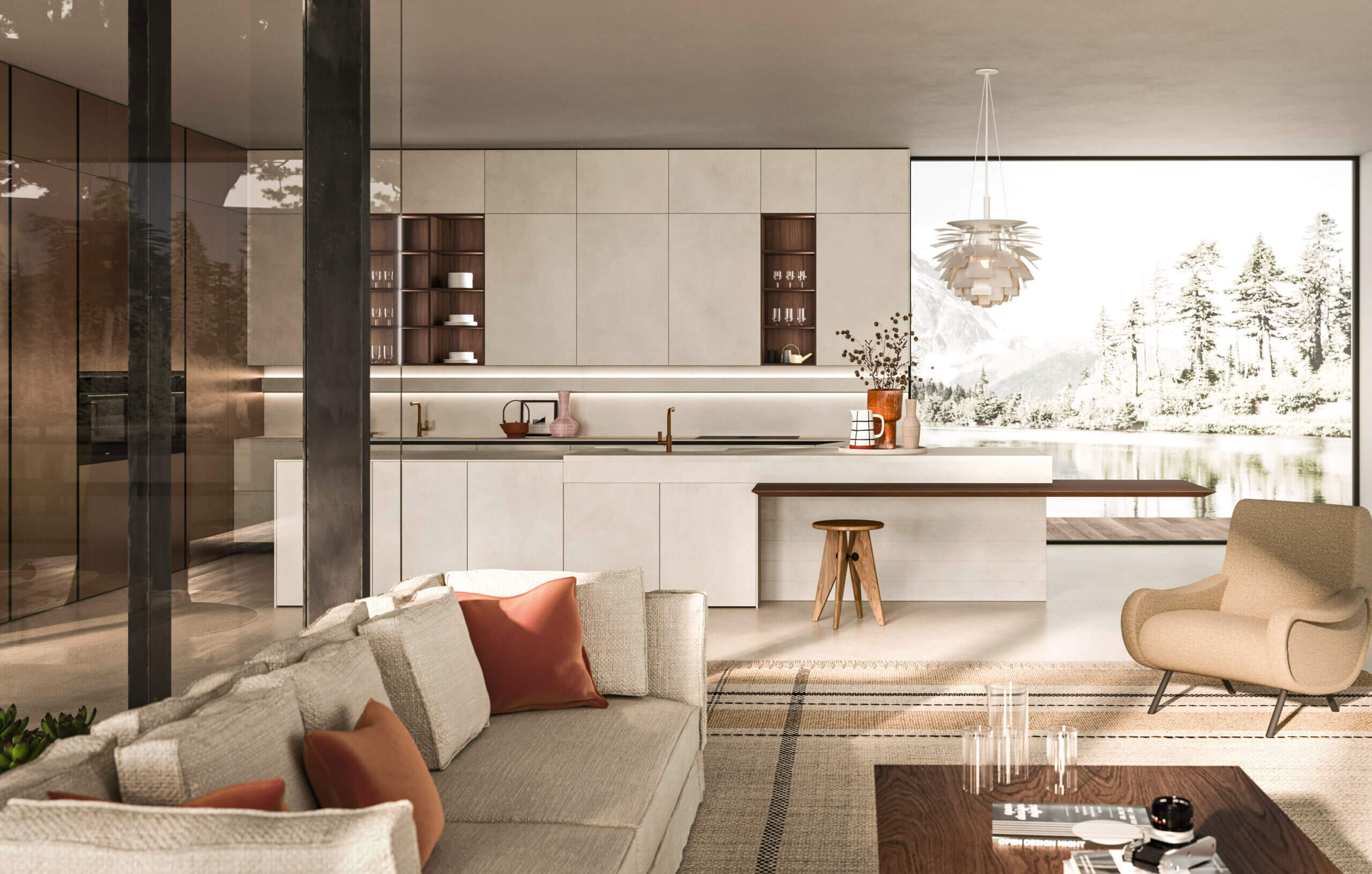 Slanke tafel in Sospiro-uitvoering, verbonden aan het kookeiland, zwevend vormgegeven voor een lichte en elegante uitstraling.