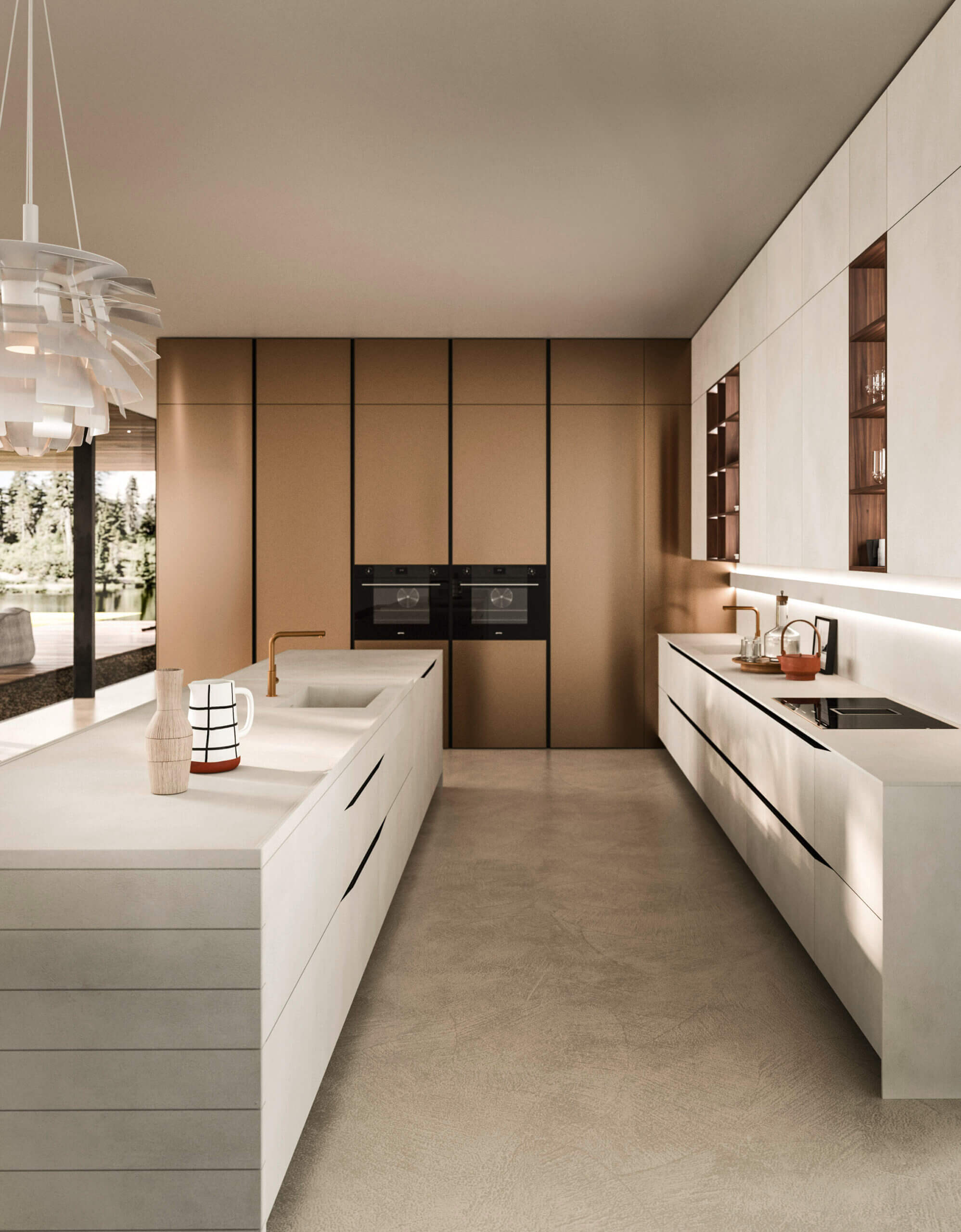 Moderne keukenopstelling van het model Elementi van Snaidero, met kookeiland in een lichte, ruime woonkeuken.