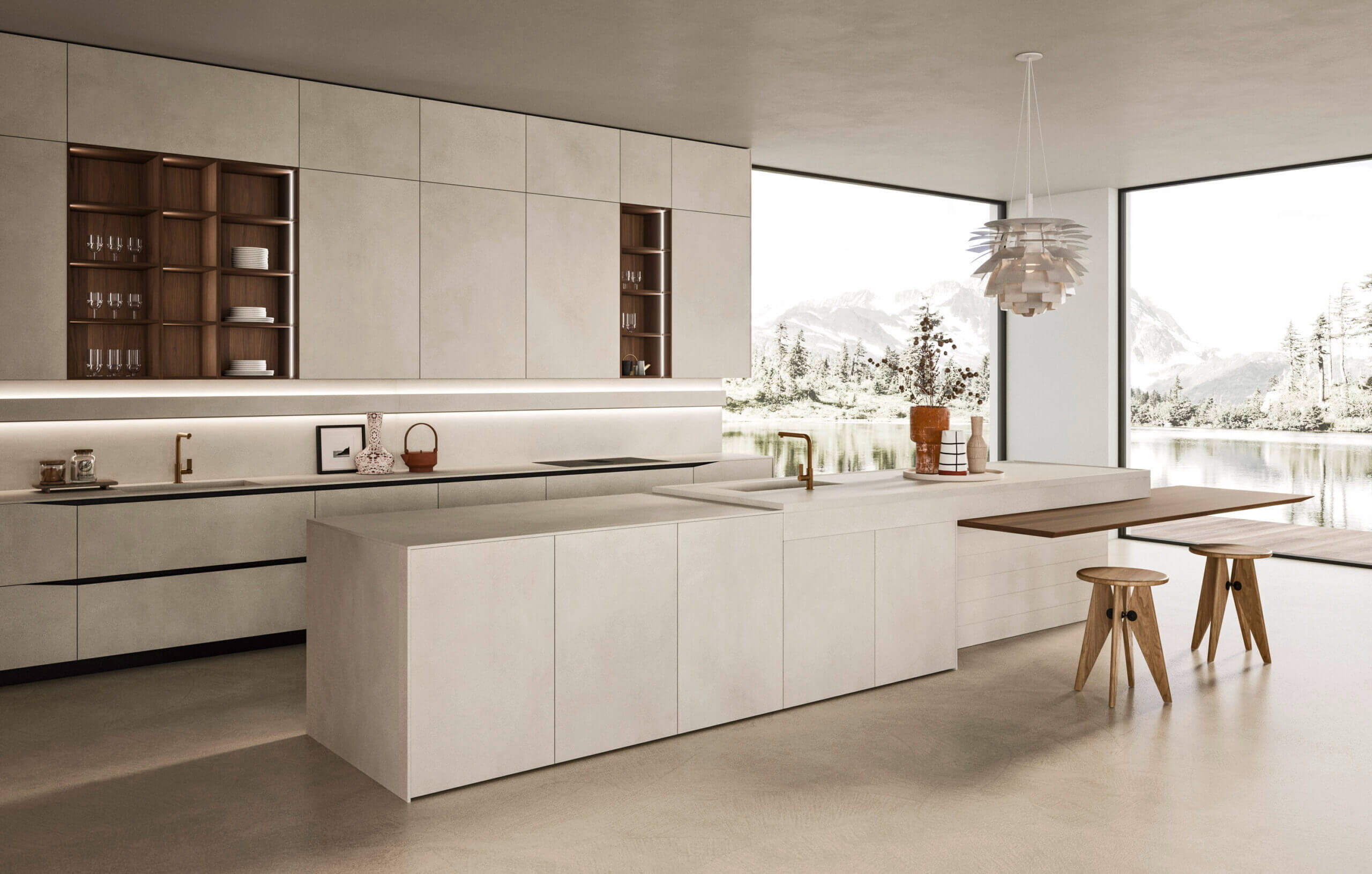 Snaidero-keuken in model Elementi. Met subtiele horizontale verlichting met Velo-lichtlijn, die zorgt voor werklicht en sfeer in de keukenruimte.